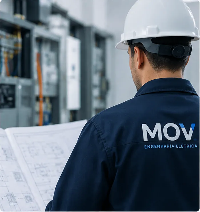 Técnico da MOV Engenharia Elétrica analisando projeto diante de um quadro elétrico
